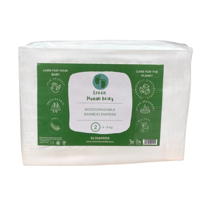 Биоразградими Бамбукови Пелени Green Human Being, Размер 2, 4кг-8кг, 34бр
