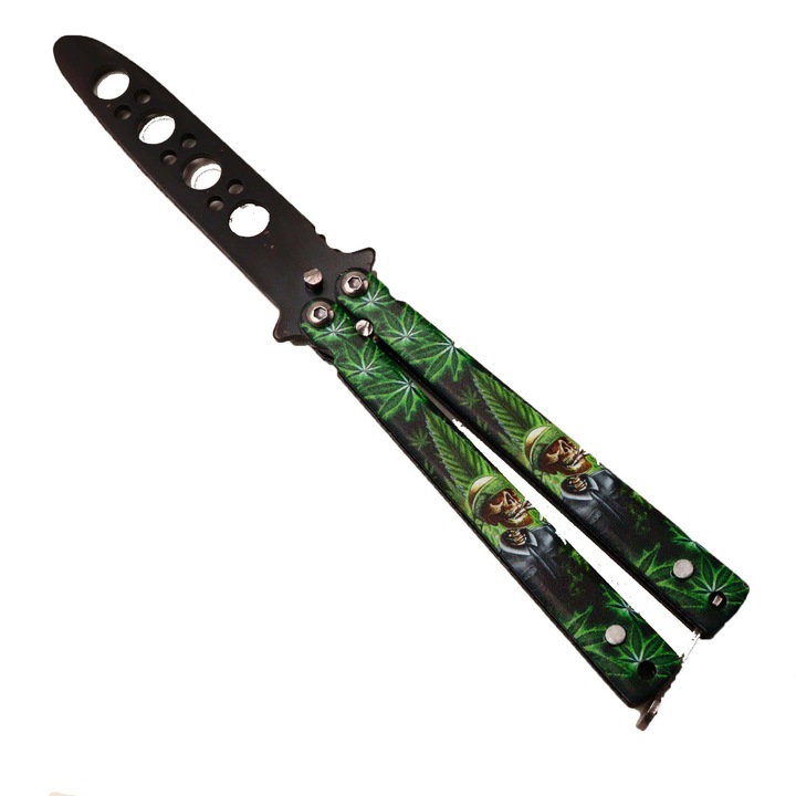 Cutit Briceag Fluture Fara Tais, Model Canabis Pentru Antrenament, 17 Cm, Verde, Dalimag