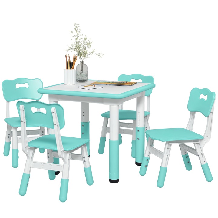 Set Masuta si Scaune pentru Copii, AIYAPLAY, 18-60 Luni, cu Inaltime Reglabila si Tabla de Scris, 60x60x46-58 cm, Verde