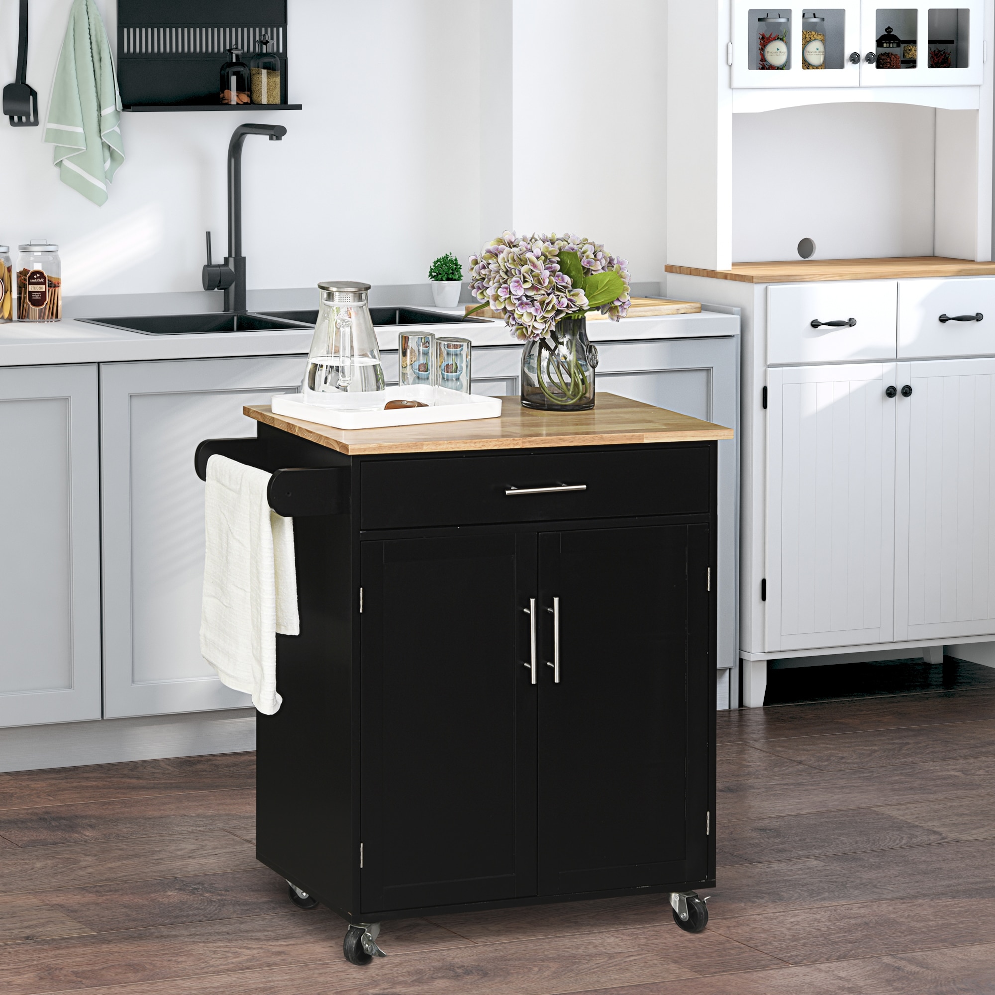 Insula Roti Insula de bucatarie Homcom, cu roti si bara pentru prosoape, 83x45x91 ...