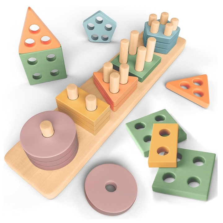 Montessori formaválogató játék gyerekeknek, 20 db öko natúr fa, puzzle, geometriai formák, MunDeirAź, 5 színes válogató oszlop
