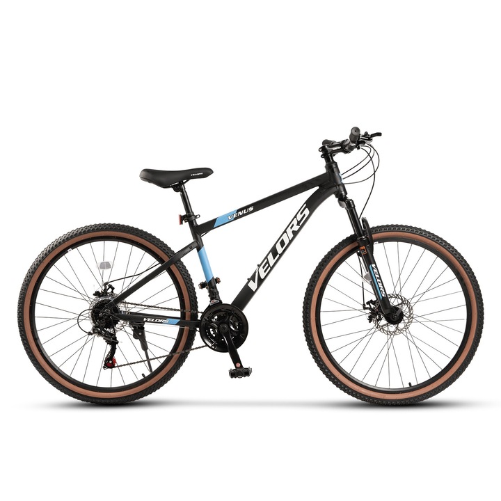 Velors Venus V27302G 27,5" MTB kerékpár, Shimano Tourney TZ hátsó váltó, 27,5 hüvelykes kerekek, szekvenciális váltókarok, 21 sebesség, első/hátsó tárcsafékek, fekete/kék
