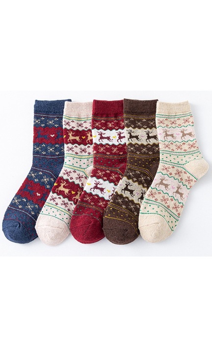 Pachet 5 sosete din lana cu imprimeu de elan, tematica de Craciun, confortabile si calde, marimi 36-42 multicolor