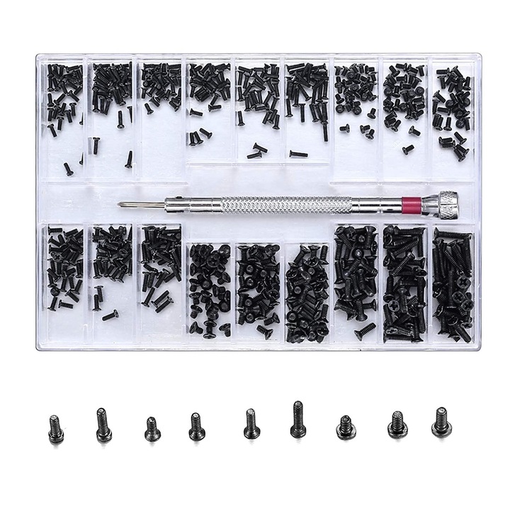 500 db-os csavarkészlet, Hggzeg, csavarhúzóval, átlátszó tárolódoboz, erős és tartós, korrózióálló, szemüvegekhez, számítógépekhez, fém, 18 különböző méretű, fekete