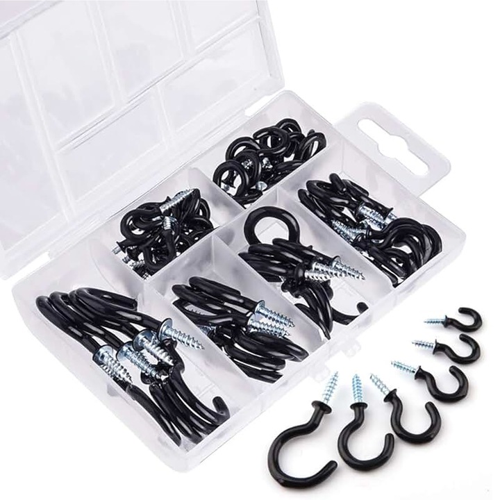Set 70 Carlig Filetat, Hggzeg, Rezistent la coroziune, Cu cutie de depozitare, Usor de instalat si de utilizat, Pentru tavan, lemn, perete, Plastic/Metal, 6 dimensiuni diferite, Negru