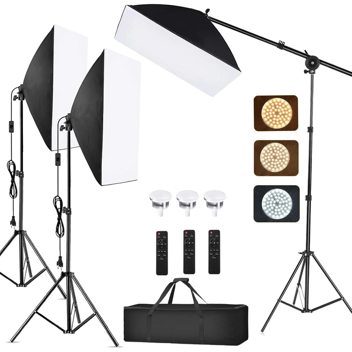 Kit Lumina Continua Softbox, Roartoy, cu Trepied si Bec cu Telecomanda, 3 x 105W, 50 X 70 cm, 3200K-5500K, Trei Temperaturi de Culoare Reglabile, Set Profesional pentru Sedinta Foto, Negru