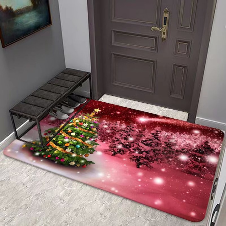 Covoras intrare, Decoration, Craciun, 50x80cm Rosu