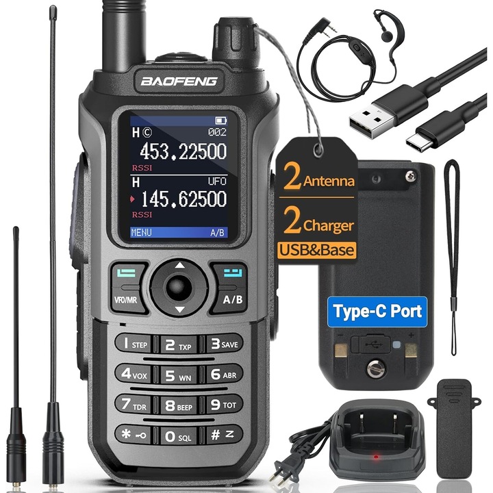 Радиостанция Baofeng UV-21 PRO, VINTOP, Tri Band, Преносима, Безжично съответствие на честотите, USB тип C зареждане, FM радио, Слушалки с микрофон, Сив