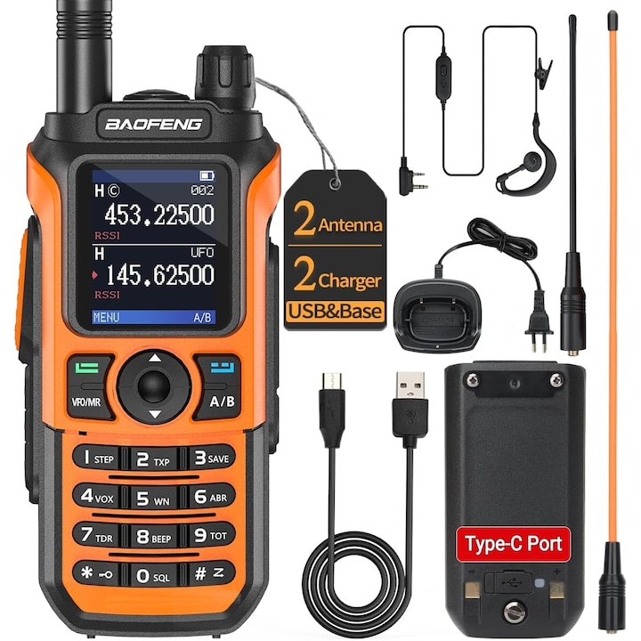 Радиостанция Baofeng UV-21 PRO, VINTOP, Tri Band, Преносима, Безжично съответствие на честотите, USB тип C зареждане, FM радио, Слушалки с микрофон, Оранжев