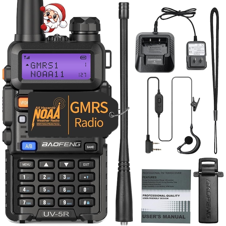 Радиостанция VINTOP, UV-5R GMRS, 1800MAH, преносима, акумулаторна батерия 1800MAH, слушалка с микрофон, черна