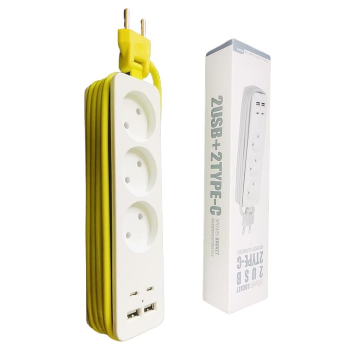 Интелигентен удължител, MOSMAOO®, 3 гнезда, 4xUSB, 2500W, Защита от деца, 1.8m