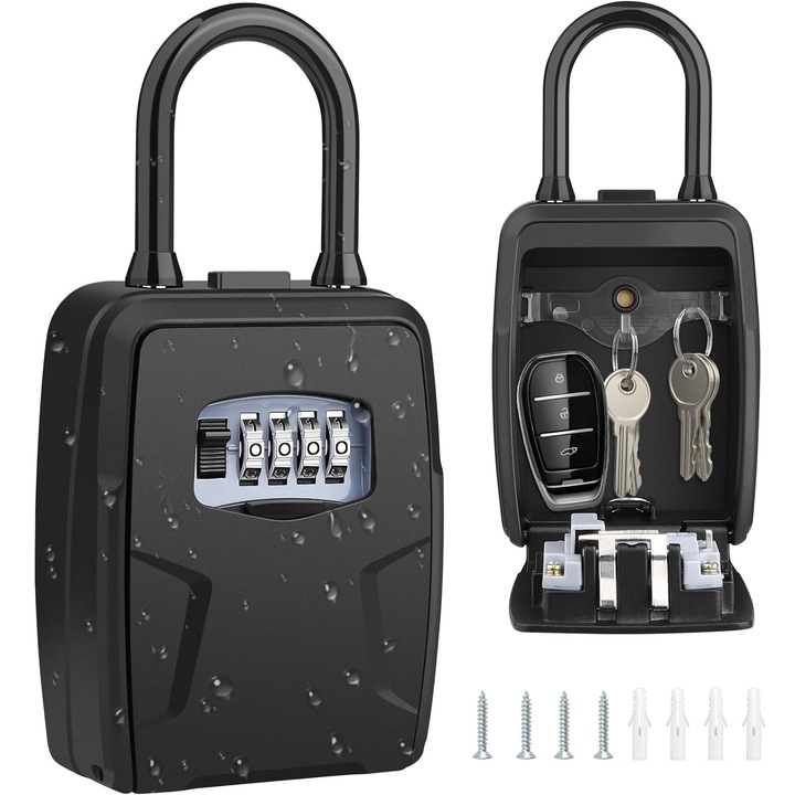 Кутия за ключове, BYONDSELF®, могат да се монтират на стена и да се окачват, алуминиева сплав, с кука, с 4-цифрен механичен код, водоустойчиви, 12×9,5×4 см, черни