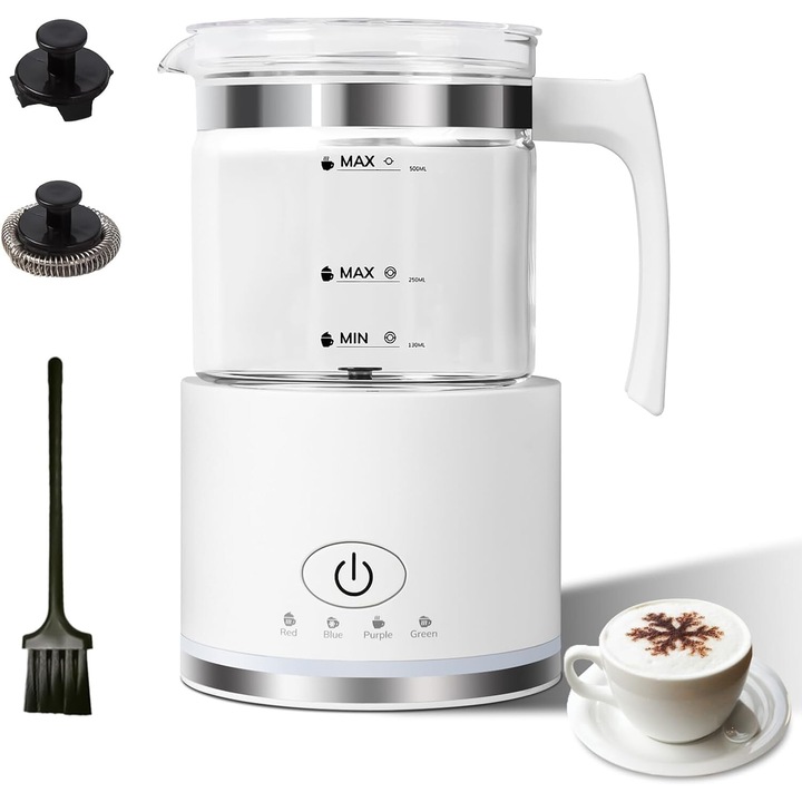 Aparat spuma lapte 4 in 1 pentru cafea tip Milk Frother alb, spuma calda/rece latte, cappuccino, macchiato, frappe, burete