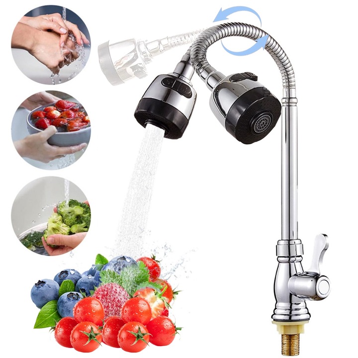 Baterie chiuveta pentru bucatarie cu pipa flexibila, Vitdipy, monocomanda, puternic si durabil, rezistent la rugina si coroziune, usor de instalat, Otel inoxidabil, Argintiu