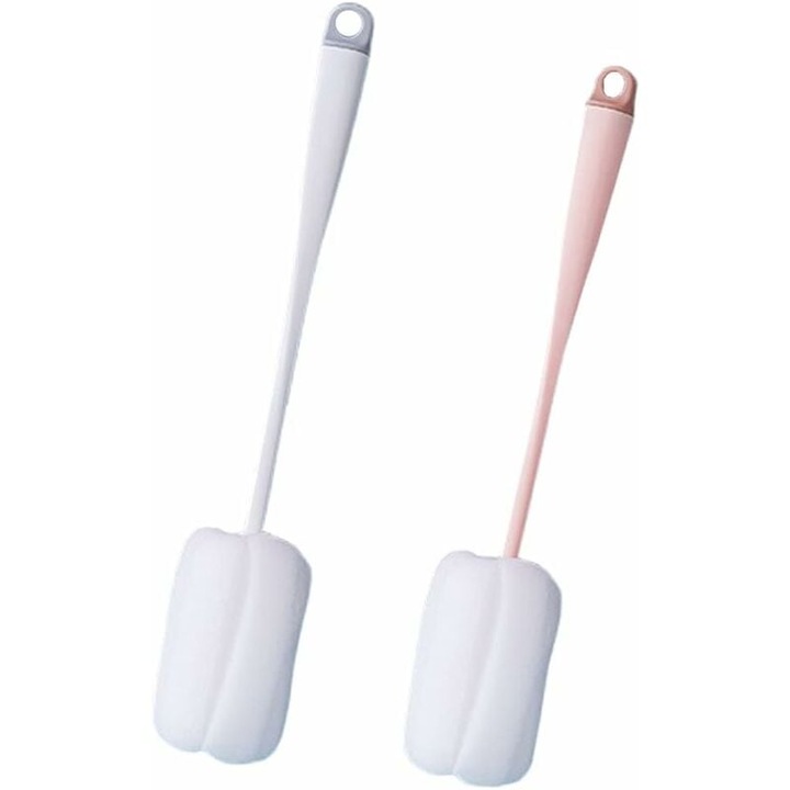 2 db. Szivacsos üvegmosó kefe, Szivacskefe poharakhoz, Hosszú nyelű szivacskefe palackokhoz, Használható cumisüvegek, poharak és csészék tisztítására (fehér és rózsaszín)