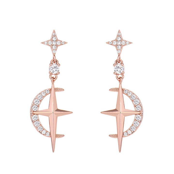 Rózsa arany csillag és hold dizájn fülbevaló cirkonnal, divatos női ékszer, alkalmas ünnepi ajándéknak családnak, barátoknak és partnereknek