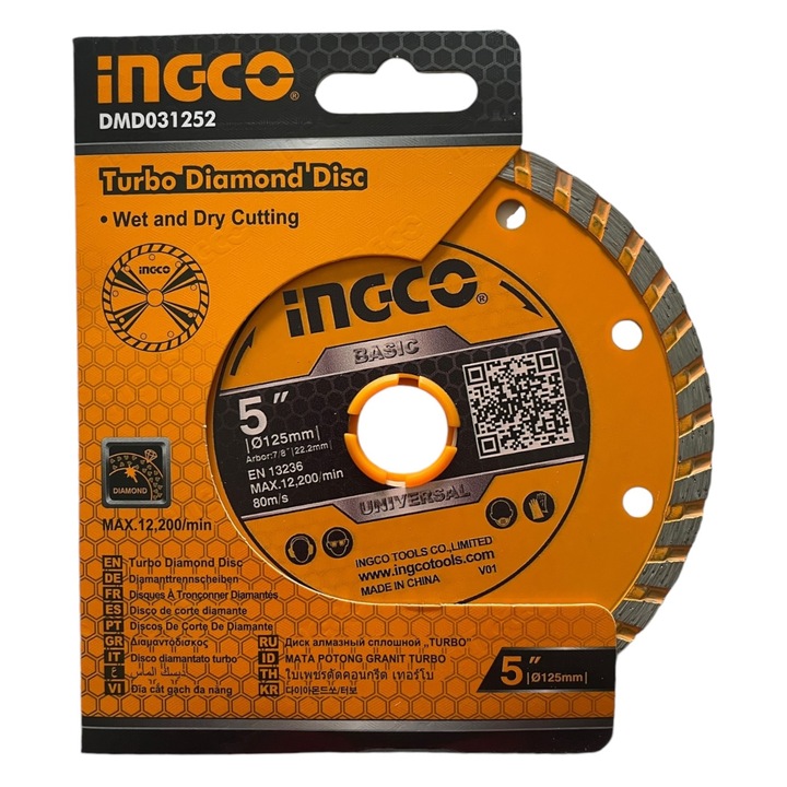 Disc de taiere INGCO diamantat pentru beton, piatra sau alte materiale dure, 125 x 22.2 mm, 12200 rpm, design turbo, portocaliu