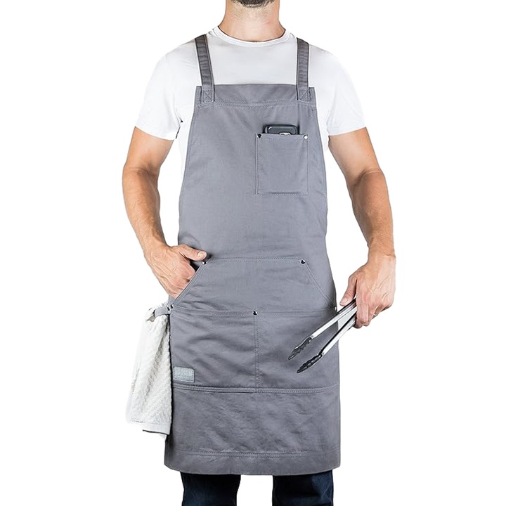 Sort bucatar, multifunctional, bumbac gros, gri, ajustabil, cu buzunare
