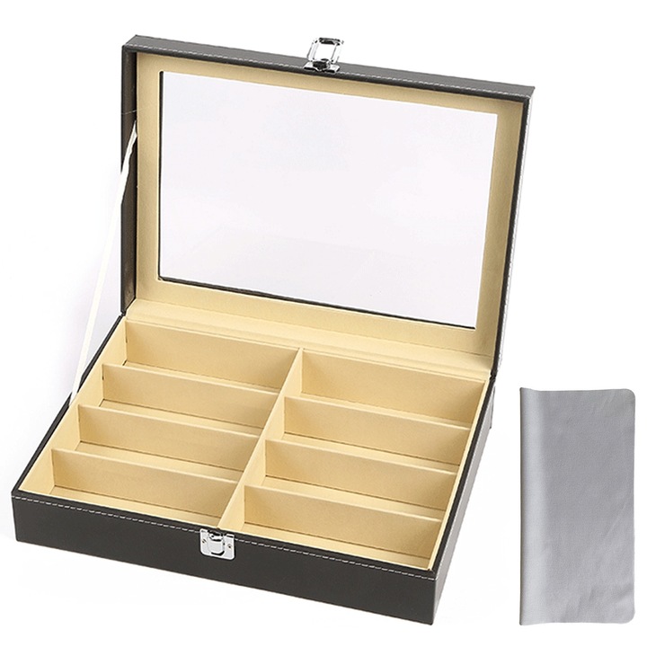 Organizator Pentru Ochelari, Axroad Mall, Piele, Tip caseta bijuterii, 8 compartimente, Cu ferestre din sticla, incuietori metalice, Rezistent la praf, Pentru ochelari de soare, ceasuri si bijuterii, 33.5 x24.5 x8cm, Negru