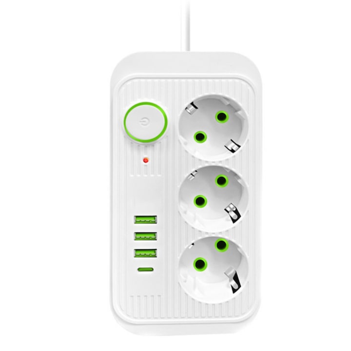Prelungitor Jurnjujube, Protectie supratensiune, 3 prize, 3 porturi USB cu Type-C，2500W 10A, Lungimea liniei este de 2 metri, Alb