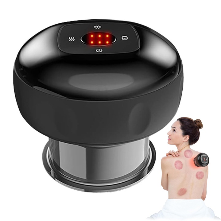 Aparat de Masaj Profesional Tip Ventuza, Testpoty, Reincarcabil prin USB, 12 Niveluri de Incalzire, Lumina Rosie, Tip Ventuza, 12 Niveluri de Presiune, Masaj Anticelulitic, Detoxifiere, Baterie de 1800 mAh, Negru