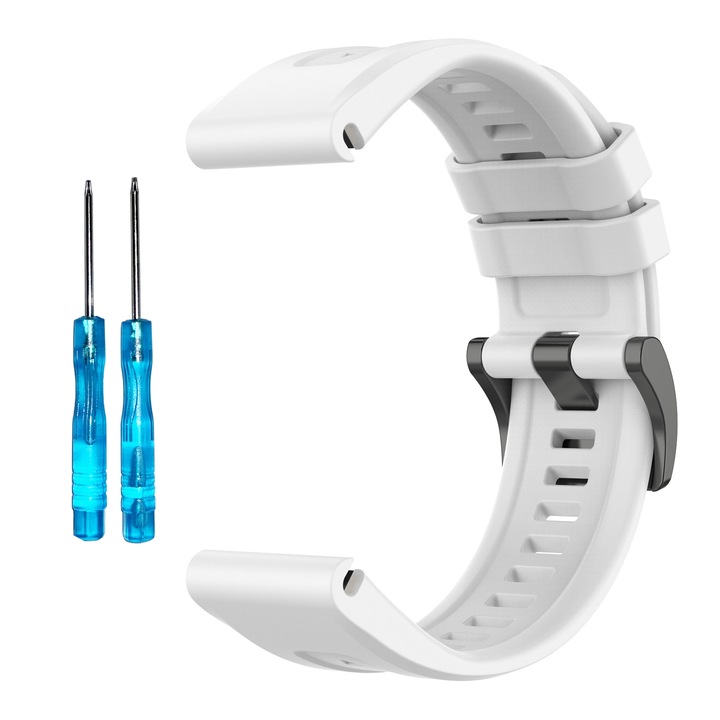 Curea ceas din silicon compatibil Garmin Fenix 8, latime curea 22 mm, Catarama din otel ingrosat cu semn triunghiular, Material siliconic ecologic, Alb