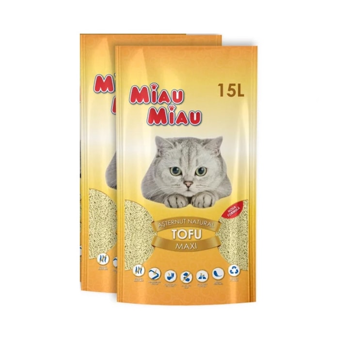 Set 2 buc X Asternut igienic pentru pisici Miau Miau Tofu Vanilie 15L