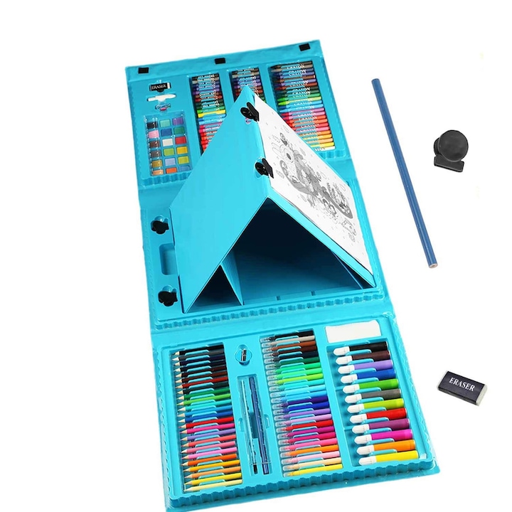 Piccolo комплект за рисуване за деца, 208 части, пластмасова кутия, комплектът включва цветни маркери, цветни моливи и бои, лесен за носене, син