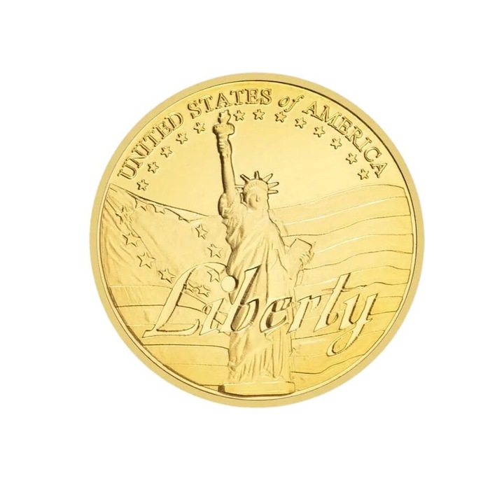 Moneda metalica Golden Liberty pentru colectie, diametru 40 mm, grosime 3 mm, carcasa de protectie inclusa, exterior auriu