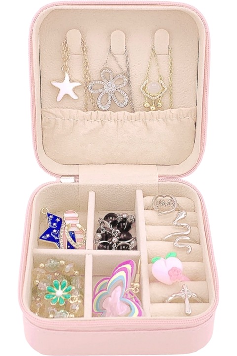 Cutie organizatoare de bijuterii, portabila si compacta, StarFashion, cu fermoar si compartimente detasabile, patrata, 10x10cm, alb