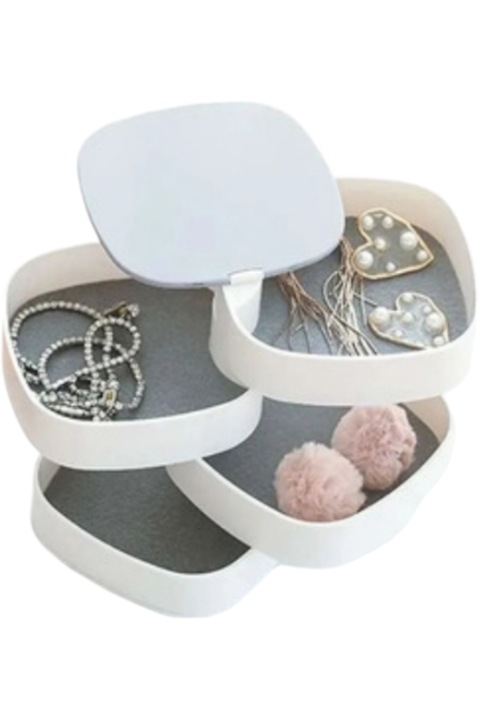 Cutie organizatoare de bijuterii, rotativa, StarFashion, cu oglinda, 4 compartimente, 12x11 cm, alb