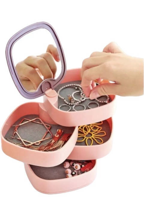 Cutie organizatoare de bijuterii, rotativa, StarFashion, cu oglinda, 4 compartimente, 12x11 cm, roz