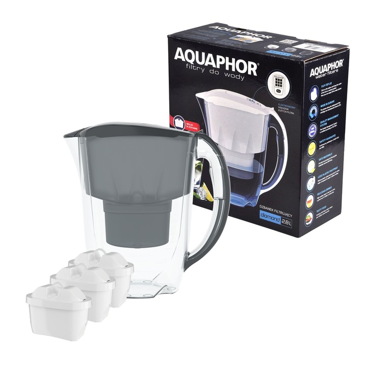 Кана за филтриране на вода Aquaphor Diamond, Включени 3 филтъра Maxfor+, Сив