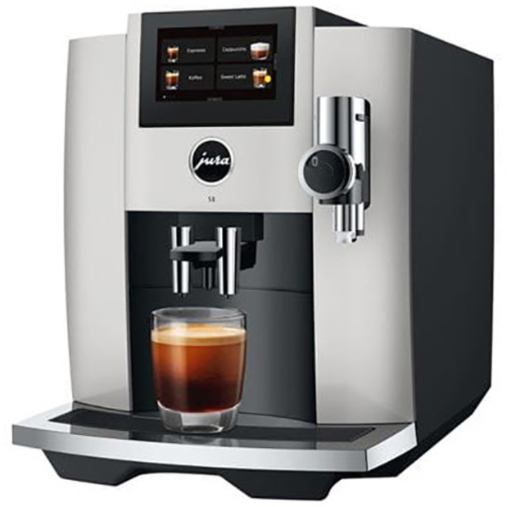 Кафеавтомат Jura S8 Sweet Foam, Platin (EB), 1450W, 15 бара, Автоматична система за разпенване на мляко, 27 напитки, Резервоар за вода 1.9 л, Контейнер за кафе 280 гр, Wi-fi Connect, Меню на румънски, Капацитет за приготвяне 5-16 гр, Автоматична поддръжка