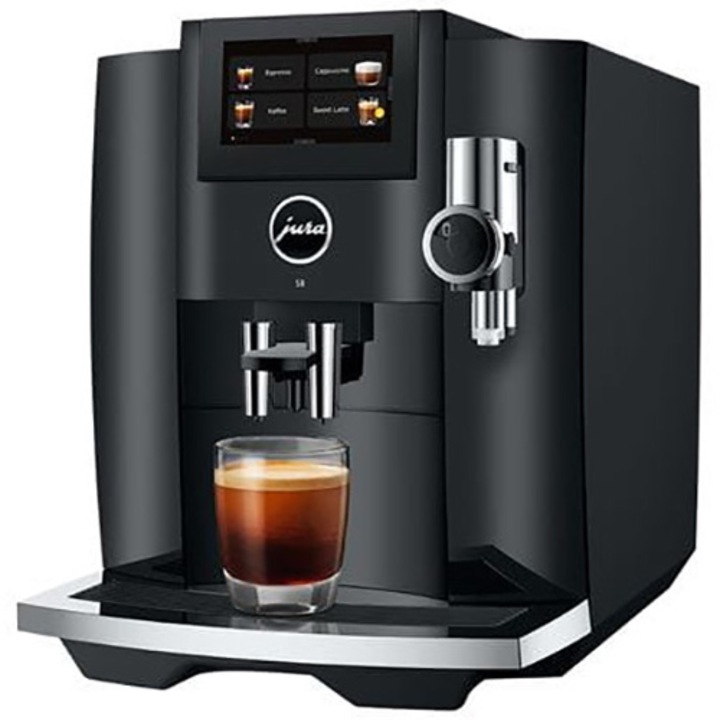 Кафеавтомат Jura S8 Sweet Foam, Piano Black (EB), 1450W, 15 бара, Система за разпенване на мляко, 27 напитки, Резервоар за вода 1.9 л, Контейнер за кафе 280 гр, Wi-fi Connect, Меню на румънски, Капацитет за приготвяне 5-16 гр, Автоматична поддръжка, Черен