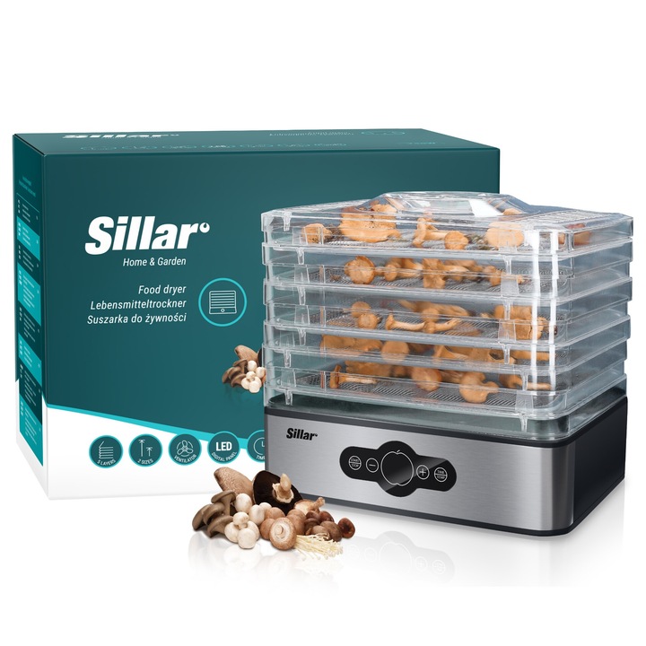 Deshidrator de alimente, Sillar, 240 W, control digital, 5 tavi inox BPA Free, ventilator, timer, 35-70 °C