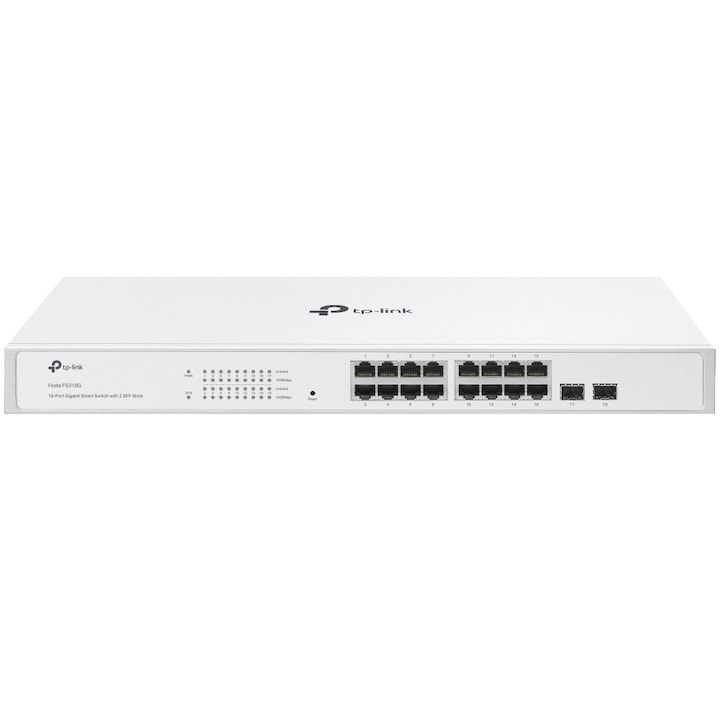 Kapcsoló TP-Link Festa FS318G, 16 RJ45 Gigabit port, 2 Gigabit SFP slot, fém ház, rackbe helyezhető