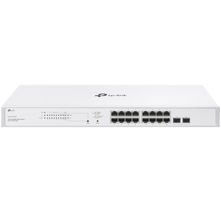 Суич TP-Link Festa FS318GP, 16 Gigabit PoE+ порта, 2 Gigabit SFP слота, 150 W PoE buget , Метална кутия, Възможност за съхранение