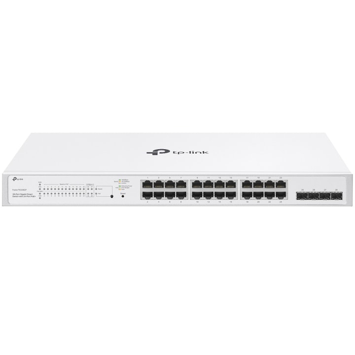 Суич TP-Link Festa FS328GP, 24 Gigabit PoE+ порта, 4 Gigabit SFP слота, 250 W buget PoE, Метален корпус, Възможност за съхранение