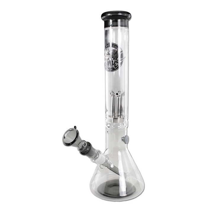 Bong plante tutun Black Leaf Metal Wave Piston din sticla borosilicata termorezistenta si otel inoxidabil, inaltime 390 mm