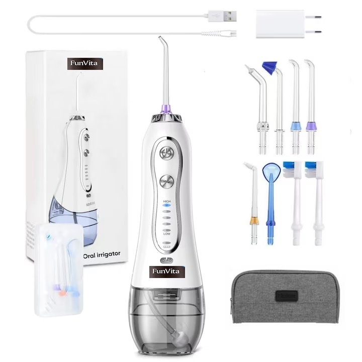 FunVita™ Портативен професионален иригатор за устна кухина, 5 режима, 300 мл, преносим, водоустойчив, 2500 mAh батерия, 110 psi, 1200 импулса/минута, бял, комплект за пътуване, включени 8 дюзи