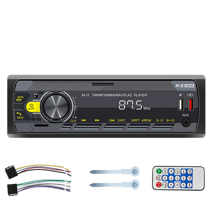 Радио mp3 плейър, Стерео уредба за кола MaxTech® с 1 Din дистанционно управление, Bluetooth 5.0 функции, CardSD, 2x USB, Допълнително, Приложение за телефон, Гласов асистент, Бързо зареждане, RCA субуфер, 7 цвята