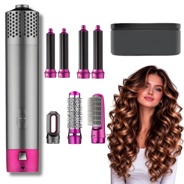 Perie Electrica pentru Par Infiniteea™, Multifunctionala, 7 in 1, 1000W, Uscare, Ondulare, Indreptare si Coafat Parul, 3 Trepte de Temperatura, Portabila, Cutie Depozitare, Capete Interschimbabile, Gri