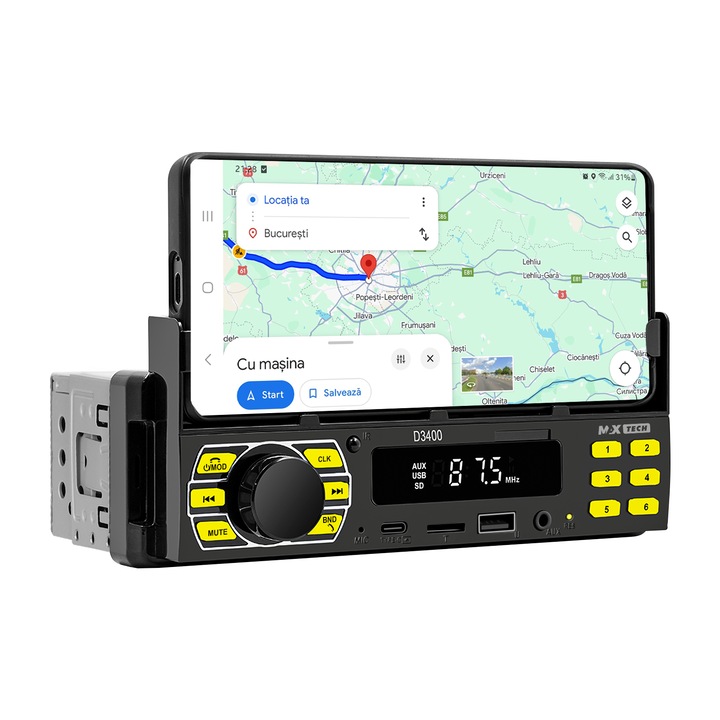 Radio mp3 Player, Casetofon auto cu suport telefon MaxTech®, Telecomanda, Bluetooth 5.0, USB, CardSD, Auxiliar, Type C, Aplicatie, RCA, Control vocal, Transmitator FM, Handsfree 7 culori