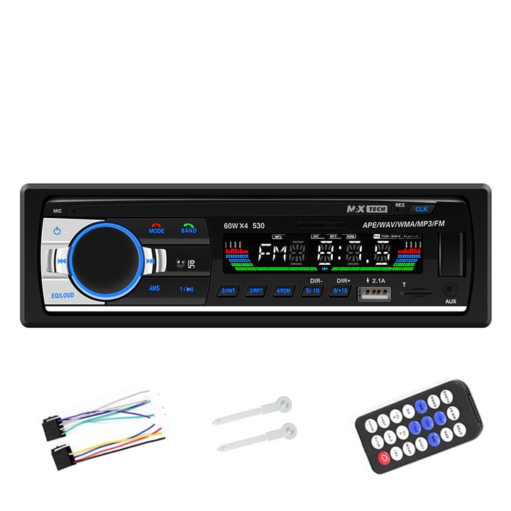 Радио mp3 плейър, 4x60W MaxTech® Стерео уредба за кола с дистанционно управление, Bluetooth 5.0 функции, CardSD, Dual USB, Auxiliary, Бързо зареждане, RCA Subwoofer, FM предавател, Handsfree, WMA, WAV, 7 цвята