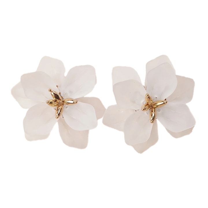 Cercei dama, model delicat cu floricele radiante, tematica summer love, albi, EFAYN