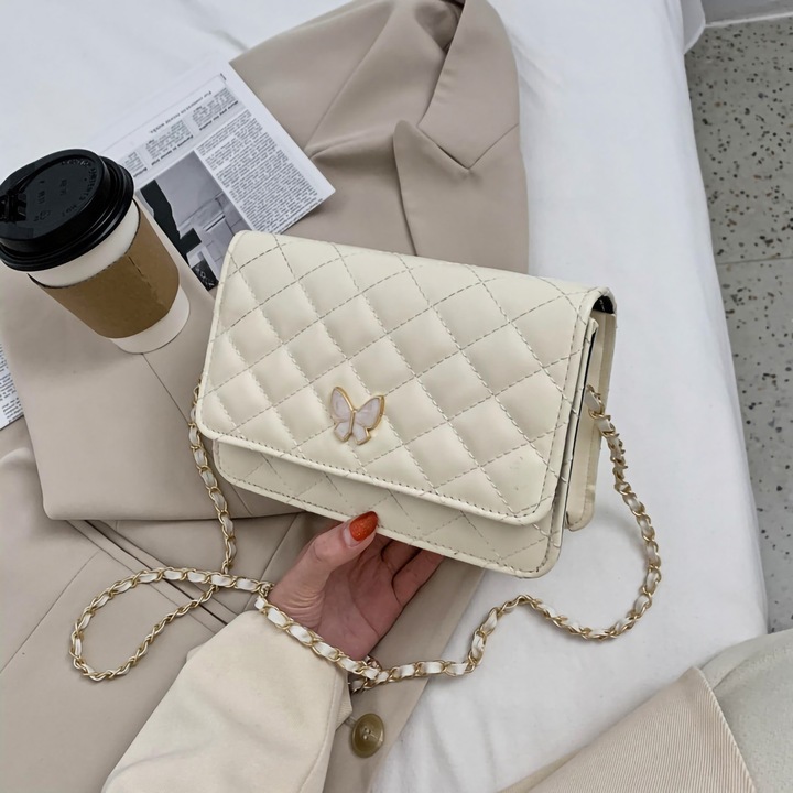 Jormftte női válltáska, rombusz mintás, nagy kapacitású, bézs, láncos pánttal