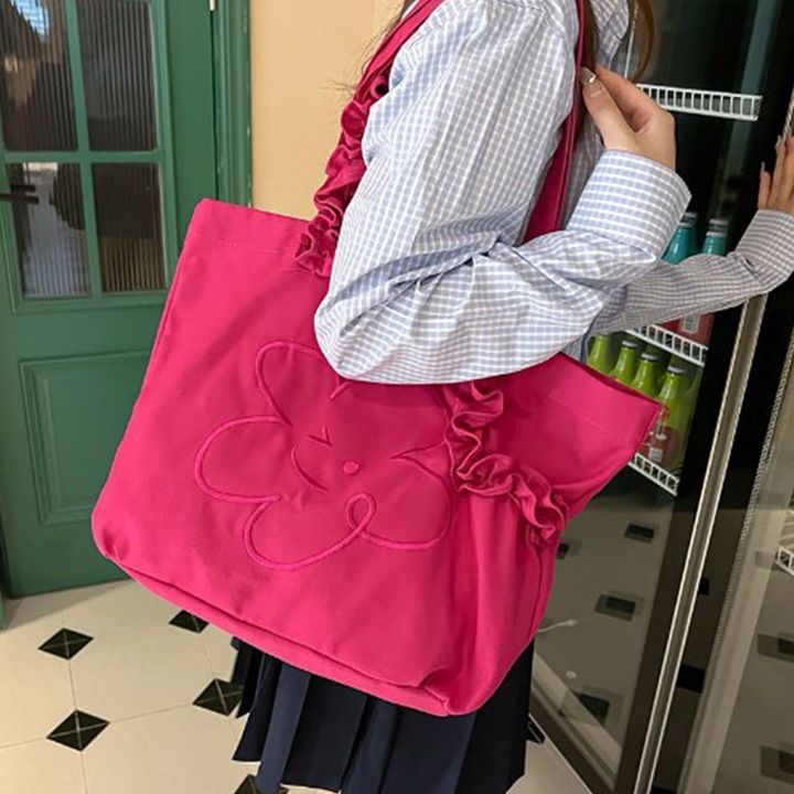 Válltáska vászonból, Jormftte, hímzett virágmintás, mosolygós arc, piros, univerzális méret