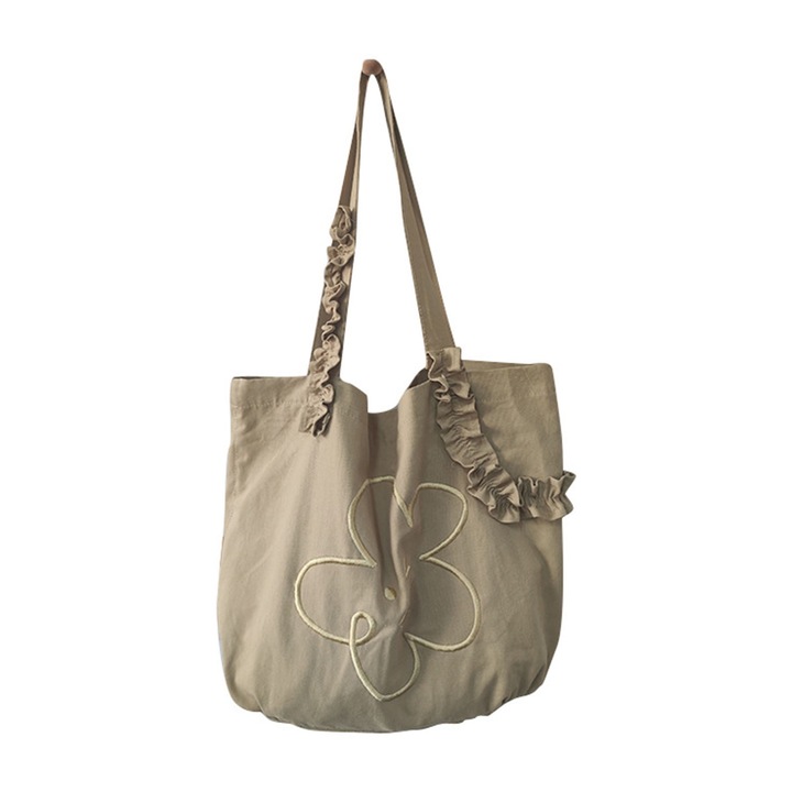 Válltáska vászonból, Jormftte, hímzett virágmintás, mosolygós arc, barna színű, univerzális méret