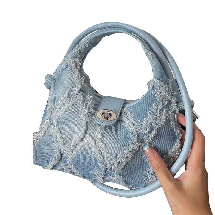 Női válltáska, Longziming, nagy kapacitású, bojtos kivitel, kék, 14x31x45cm